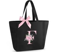 Vavabox A-Z Initial Personalized Tote Bag, Waterproof Gifts for Women, Bridesmaids, Mom, Teachers, Friends (01-Black, F)