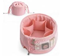 Vavabox Barrel Drawstring Makeup Bag Organizer - Large Travel Toiletry Bag with Zipper Compartments, Luxury Quilted Cosmetic Case for Women | Portable Vanity for Vacation, Work, Gift (Pink)