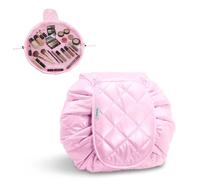 Vavabox Drawstring Makeup Bags, Puffer Flat Lay Waterproof Travel Portable Large Cosmetic Bag Quilted Makeup Pouch for Women Girl (New, Pink)