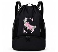 Vavabox Initial Drawstring Backpack Swim Bag Gift for Girls (Black) (S)