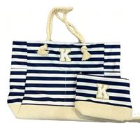 Vavabox Large Waterproof Beach Bag with Zip and Pockets, Personalized Stripes Totebag for Travel，Birthday Gifts for Women, Blue, T