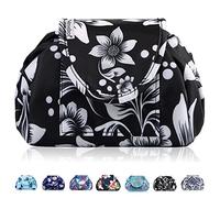 Vavabox Lazy Drawstring Makeup Bag, Flat Lay Cosmetic Bags (Black Floral)