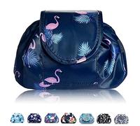 Vavabox Lazy Drawstring Makeup Bag, Flat Lay Cosmetic Bags (Blue Flamingo)