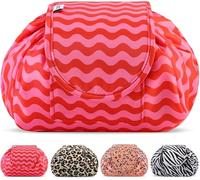 Vavabox Lazy Drawstring Makeup Bag, Flat Lay Cosmetic Bags (Red Wave)