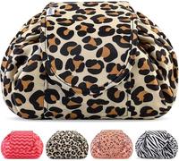 Vavabox Lazy Drawstring Makeup Bag, Flat Lay Cosmetic Bags (Yellow Leopard)