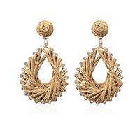 Vavhoo Lightweight Rattan Teardrop Geometric Drop Dangle Earrings Straw Braid Woven Statement for Women, Metal, No Gemstone