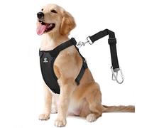 VavoPaw Dog Vehicle Safety Vest Harness, Adjustable Soft Padded Mesh Car Seat Belt Leash Harness with Carabiner and Travel Strap for Most Cars, Size Large, Black