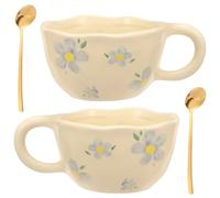 VAVPUP 2 Pcs Cute Coffee Mug, Ceramic Tea Cup Kawaii Handmade Mug,Creative Flower Blue Cups with Spoon,Aesthetic 300ml Vessel for Milk Cappuccino Cocoa,Cheery Gift for Women Christmas(blue,2 sets)