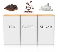 VAVPUP 3Pcs Tea Coffee Sugar Canisters 1000 ML Metal Square Jar with Airtight Bamboo Lid and Name Marker Square Canisters Sets for Kitchen Counter Storage 8.5x8.5x14.3 cm (white)