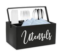 VAVPUP Acacia Wood Cutlery Caddy Organiser 4 Compartment Utensil Holder with Ergo Handle,Drawer-Friendly 23cm Condiment & Cutlery Storage for Kitchen/Dining/Office(Black)