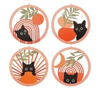 VAVPUP Bohemian Black Cat Wall Decor Set of 4,Handmade Wooden Hanging Art for Bedroom,Living Room & Garden,25cm Diameter Cat-Themed Wall Art with Easy Installation(wood)