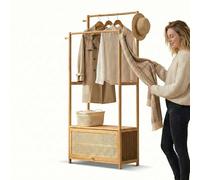 VAVVIP Heavy Duty Bamboo Clothes Rail with Rattan Storage Cabinet, Freestanding Garment Rack with 2-Tier Shoe Cupboard, Top Shelf & Side Hooks, Scandi Style Open Wardrobe for Bedroom, Hallway