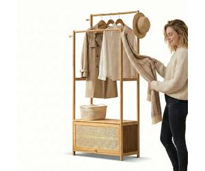 VAVVIP Heavy Duty Bamboo Clothes Rail with Rattan Storage Cabinet, Freestanding Garment Rack with 2-Tier Shoe Cupboard, Top Shelf & Side Hooks, Scandi Style Open Wardrobe for Bedroom, Hallway