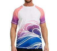 VAYAGER Mens Swim Shirt Short Sleeve UPF 50+ Rash Guard Quick Dry Water Beach Shirts Sun Protection T Shirts, Purple Waves, 3XL