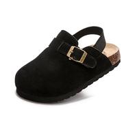 Vayfio Soft Suede Kids Clogs for Toddlers - Adjustable Buckle Slip-On Mules for Boys & Girls, Featuring Cork Footbeds & Leather Details, Stylish & Comfortable Potato Shoes, Black, 27.5 cm
