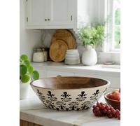 Vayu Earth Extra Large 16 inch Enamelled Wooden Bowl with Black and White Floral Motif - Decorative Fruit and Salad Bowl - 40 x 40 x 15 cm Rustic Mixing Bowl, Farmhouse, Vintage Kitchenware