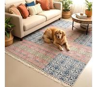 Vayu Earth Hand Block Printed Cotton Rug - Multicolor Pink And Blue, 190x130 Cm Rectangular Area Rug, Living Room Floor Carpet, Boho Artisan Home Decor