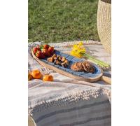Vayu Earth Hand Painted Enamelled Mango Wood Platter - 51 x 17 x 3 cm Long Serving Tray, Unique Blue Leaf Shape, Handmade & Eco-Friendly Tableware