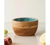 Vayu Earth Tropical Leaves Teal Enamelled Mango Wood Bowl 10 x 10 x 6cm, Multicolor - Hand-Turned Decorative Snack Bowl, Botanical Print Wooden Table Decor
