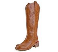 VBDB Cowboy Boots for Women Cowgirl Boots Ladies Embroidery Western Square Toe Wide Calf Chunky Block Mide Calf Riding Shoes Size 9, Embroidery-saddle, 5.5 UK