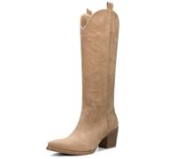 VBDB Cowboy Boots for Women Knee High Boots Pointy Toe Suede Boots with Embroidered Chunky Heel Western Cowgirl Boots, Apricot, 4 UK