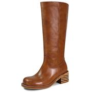 VBDB Women's Knee High Boots Square Toe Chunky Block Heel Long Boots for Women Comfortable Low Heel Womens Boots, Saddle Brown, 6 UK Wide