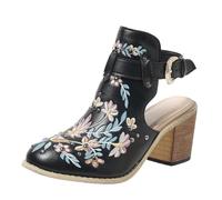VBEDKDEB Ankle Boots Women's Boots New Europe and the United States Foreign Trade Embroidery Retro High-Heeled Shoes Thick with Hollow Cross Round Head Sandals Female 1117 Shoes, black, 8 UK