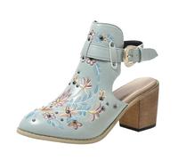 VBEDKDEB Ankle Boots Women's Boots New Europe and the United States Foreign Trade Embroidery Retro High-Heeled Shoes Thick with Hollow Cross Round Head Sandals Female 1117 Shoes, blue, 5 UK