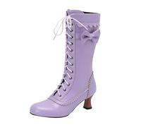 VBEDKDEB Boots Women's Knee-High Boots for Women, Casual Lace-Up Ankle Boots in 70s Style, Vintage with Medium Heel, Halloween, Cosplay, Witch Shoes, Lace-Up Boots, Black, purple, 4.5 UK