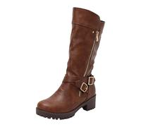 VBEDKDEB Boots Women's Knee-High Boots Round Toe Women's Fashion Boots Stylish Casual Retro Leather Outerwear Thick Heel Knee High Ladies with Heel, yellow, 7 UK