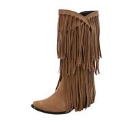 VBEDKDEB Boots Women's Mid Calf Boots Foreign Trade Border Independent Station Autumn and Winter Tassel Women's Boots Small Square Head Plain Casual Korean Wellington Boots 11111501 Women, yellow, 5