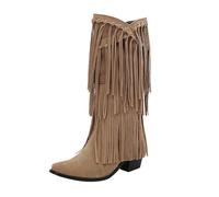 VBEDKDEB Boots Women's Mid Calf Boots Foreign Trade Border Independent Station Autumn and Winter Tassel Women's Boots Small Square Head Plain Casual Korean Wellington Boots 11111501 Women, beige, 8 UK