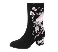 VBEDKDEB Boots Women's Mid Calf Boots Retro Boots for Women Ethnic Style with Embroidery, Thick Heels, High Heels, Side Zip, National Embroidered Wellington Boots Lined, black, 4 UK