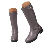 VBEDKDEB Boots Women's Mid Calf Boots Women's Boots with Mid-Height Shaft, Not Above the Knee, High Boots with Side Zip and Belt, Plain Leather Boots for Women Platform Boots, gray, 5 UK