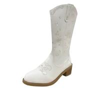 VBEDKDEB Boots Women's Mid Calf Boots Women's Fashion Casual Block Heel PU Leather Pointed Western Cowboy Boots Female Retro But Knee-High Medium Calf Boots Women With Heel, White, 5.5 UK