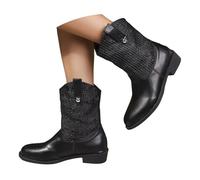 VBEDKDEB Boots Women's Mid Calf Boots Women's Riding Boots with Openwork Toe, Retro Style, Pointed Toe and Chunky Heel, Calf Length Boots, Fashionable with Over the Knee, black, 7 UK