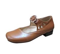 VBEDKDEB Mary Jane Shoes Women's Casual Four Seasons Plain Non-Slip Square Heels Round Toe Breathable Buckle Strap Lazy Fabric Shoes Mary Jane with Bow Tie, brown, 8 UK