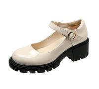 VBEDKDEB Mary Jane Shoes Women's Casual Four Seasons Plain Non-Slip Square Heels Round Toe Breathable Buckle Strap Work Shoes Mary 11188 Platform, beige, 8.5 UK
