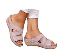 VBEDKDEB Orthopaedic Shoes Women's Mules Summer Orthocare Wedge Heel Slippers Elegant Leather Comfortable Slippers Open Non-Slip Slippers 2025 Casual Beach Holiday Sandals, pink, 8 UK