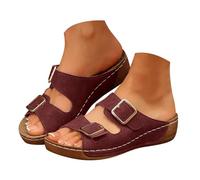 VBEDKDEB Orthopaedic Slippers, Women's Summer Platform Mules, Adjustable Strap Slippers, Comfortable Wedge Heel, Non-Slip Sandals, Peeptoe Slippers, Casual Sandals, Travel Slippers, Wine Red, 8 UK