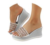 VBEDKDEB Sliders Women Women's Casual And Stylish Pearl And Rhinestone Platform Wedge Sandals Slip On Sandals Women (3.5)