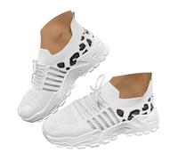 VBEDKDEB Slip On Trainers, Women's Running Shoes, Trainers, Women's Fashion Mesh Fabric, Leopard Print Trainers, Breathable Non-Slip Lace-Up Shoes, Casual Shoes, Breathable Shoes for Women, White, 8