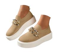 VBEDKDEB Sneaker Women's Slip-On Running Shoes Women's Fashion Plain Mesh Metal Chain Decorative Platform Casual Shoes White Sneakers Women, khaki, 7 UK
