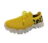 VBEDKDEB Trainers Women's Sports Shoes Running Shoes Trainers Mesh Fabric Leopard Print Sneakers Breathable Non-Slip Lace Casual Shoes Trainers Girls, yellow, 7 UK