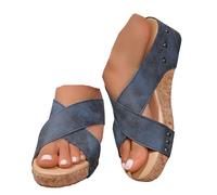 VBEDKDEB Wedge Heel Mules Women's Platform Non-Slip Slippers Comfortable Footbed Sandals Cross Strap Peeptoe Slippers Summer Casual Rivets Slippers Sandals Beach Travel Slippers, blue, 4.5 UK