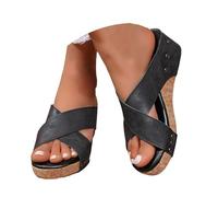 VBEDKDEB Wedge Heel Mules Women's Platform Non-Slip Slippers Comfortable Footbed Sandals Cross Strap Peeptoe Slippers Summer Casual Rivets Slippers Sandals Beach Travel Slippers, black, 8 UK