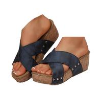 VBEDKDEB Wedge Heel Mules Women's Platform Non-Slip Slippers Comfortable Footbed Sandals Cross Straps Rivets Peeptoe Slippers Summer Casual Slippers Sandals Travel Beach Slippers, blue, 7 UK