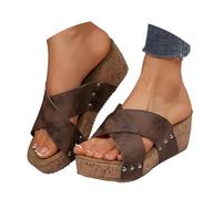 VBEDKDEB Wedge Heel Mules Women's Platform Non-Slip Slippers Comfortable Footbed Sandals Cross Straps Rivets Peeptoe Slippers Summer Casual Slippers Sandals Travel Beach Slippers, brown, 8.5 UK