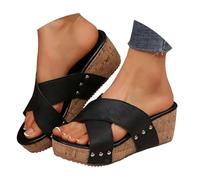 VBEDKDEB Wedge Heel Mules Women's Platform Non-Slip Slippers Comfortable Footbed Sandals Cross Straps Rivets Peeptoe Slippers Summer Casual Slippers Sandals Travel Beach Slippers, black, 4.5 UK