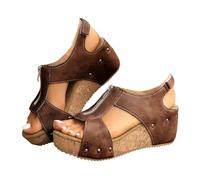 VBEDKDEB Wedge Heel Mules Women's Platform Wedge Sandals Elegant Leather Comfortable Slippers Open Non-Slip Slippers Casual Rivets Slippers 2025 Summer Beach Holiday Sandals, T 4 Brown, 8.5 UK